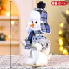 Tecido Azul de Natal Figurine de Boneco de Neve para Esqui Ornamento de Mesa Boneco de Neve Tricotado Xadrez Azul Decoração de Feriado Presente de Natal