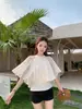 Foto real estilo coreano temperamento capa solta chiffon manga curta top feminino 2026 verão novo design simples senso