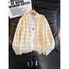 Camisa a cuadros azul marino vintage para hombre, camisa de manga larga estilo americano otoñal con hombros normales, chaqueta cárdigan casual para pareja