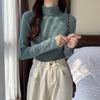 Suéter de Otoño e Invierno para Mujer de Talla Grande Camisa de Fondo Tejida Estilo Coreano Cuello Alto Slim Hombro Recto Manga Larga Elástica Camiseta Top