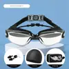 Gafas de natación impermeables y antivaho de alta definición, marco grande, unisex, para adulto, set de gafas de natación graduadas electroplateadas y gorro.