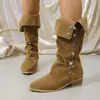 Nuevas botas largas de punta con tachuelas 2026, colección de otoño, talla grande, estilo retro, comercio exterior, botas de montar de tacón grueso para mujer