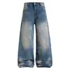 Jeans anchos de pierna recta, lavado a la piedra con degradado retro americano, de cintura alta, corte holgado, con caída, casual, largos hasta el suelo para hombre