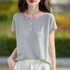 Camiseta de punto fina para mujer, manga corta, cuello de muñeca, Lyocell Tencel, color de contraste, 24 Verano