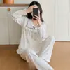 Pijama de otoño nuevo transfronterizo, jersey de doble largo con escote en V de encaje, estilo dulce de princesa para casa, tejido elástico, imitación de algodón