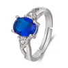 Anel Safira Tanzanita Estilo Coreano, Banhado a Ouro Branco, Gema Colorida, Anel Diamante Azul, Anel Aberto