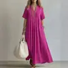 2026 Nuevo Vestido Largo Transfronterizo de Comercio Exterior Europeo y Americano Casual Cómodo de Manga Corta con Cuello en V y Pliegues para Mujer