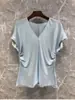 Diseño Elegante, Camisa Satinada Plisada de Manga Corta que Ceñe la Cintura, Nuevo Top Adelgazante Ajustado de Verano 2026, Ligero