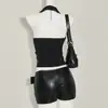 Colete Punk Y2K Gótico, Estilo de Rua Único e Fashion, Gola Alta (Halter), Gola Reversível, Zíper, Corte Justo, Top Curto Sexy Feminino