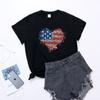 Artículos en stock 2023 estación independiente de comercio exterior camiseta de manga corta con estampado de leopardo amor bandera americana para mujer Cuello redondo