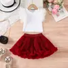 Saia tutu nova transfronteiriça para meninas de tamanho pequeno e médio, saia princesa versátil para aniversário, conjunto de T-shirt de malha com manga bufante e saia TUTU