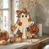 Colgador de puerta de madera de fantasma patchwork más vendido transfronterizo, letrero de puerta de calabaza de cosecha de otoño vintage, colgante de decoración de puerta principal de Halloween