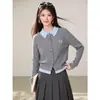 Cardigan de Tricô Gola Polo Color Block Falso Duas Peças Estilo College Feminino Outono 2026 Novo Top de Botão Único
