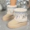 Botas Curtas de Salto Alto, Confortáveis e Versáteis com Solado Grosso para Mulheres 2025 Outono e Inverno Novas Botas de Neve de Nicho com Franjas e Pedrarias