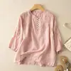 Camisa artística vintage de algodón y lino bordada de manga tres cuartos, conjunto de dos piezas para el verano para madres, top de color liso y pantalones de pierna ancha para mujer