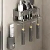 Portacepillos de dientes sin taladro Gris Baño Taza para enjuague bucal Taza para cepillarse Almacenamiento Montado en la pared Portacepillos de dientes eléctrico