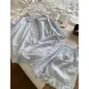 Pijama de Renda com Bolinhas Estilo Coreano Gola Boneca para Mulheres Verão Doce Romântico Manga Curta Shorts Conjunto para Casa Pode Ser Usado Fora