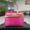 Bolsa J de Platina costura externa/30 padrão crocodilo couro bovino camada superior bolsa de mão feminina marca H costurada à mão fio encerado ferragens de aço borda escovada óleo
