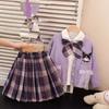 Saia Jk Estilo Preppy para Meninas Primavera & Outono Colete Cardigã Tricotado Meia Saia Saia de Três Peças