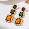 Pendientes Largos Colgantes de Piedra Preciosa Rectangulares con Bloques de Color Estilo Retro de Corte Totalmente Pavimentados con Diamantes Blancos Exagerados para Vestido de Banquete para Mujeres