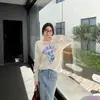 Camiseta de manga larga de algodón puro de corte holgado, marca nicho coreana de tendencia, estilo vintage con estampado de letras desgastadas y estampado de perro, para principios de otoño