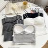 104 # Moda Outono Inicial Tomara que Caia Franzido Chique Alça Fina Novo Estilo com Bojo Embutido Faixa Integrada Camisola Quente Listrada