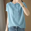 Estilo novo de verão, top sem mangas de malha de algodão puro, com três botões, bainha enrolada e capuz, camiseta solta estilo coreano, decote V semiaberto, roupas femininas