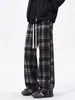 Pantalones Casuales a Cuadros para Hombre Estilo Hong Kong Marca de Moda Pantalones de Pierna Ancha Rectos con Caída Primavera y Otoño Pantalones Largos Pantalones Deportivos Retro