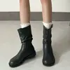 Botas Negras de Suela Gruesa Estilo Coreano Fruncidas a Media Pantorrilla para Mujer 2026 Nuevas Botas Cortas Estilo Vaquero Occidental de Otoño