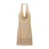 Comércio Exterior Transfronteiriço Roupas Femininas Primavera 2026 Estilo Europeu e Americano Decoração de Rede de Peixe com Strass Vestido de Gola Alta Costas Abertas Barra Fluida C93003