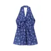Camisole Azul Floral Estilo Francês com Decote Halter para Mulheres, Top Vintage de Verão Afunilado na Cintura com Decote V Emagrecedor