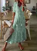 Vestido Longo Casual Doce Soltinho Gola V Estampado com Franjas de Manga Média para Mulheres 2024 Europeu e Americano Transfronteiriço Mais Vendido em Estoque