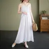 Vestido Longo Elegante Jacquard Renda Cadarço Estilo Francês Vintage para Férias na Praia