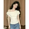 Camiseta de manga corta de verano con diseño cruzado y lazo al frente, hombros descubiertos, para mujer, estilo puro deseo, corte ajustado y favorecedor.