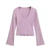 2591-Camiseta de Moda Europeia e Americana Estilo Hot Girl com Decote V e Manga Longa para Mulheres 2025 Nova Sexy Slim Fit Camiseta de Base Top
