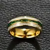 Anillo de Boda Simple de Acero Inoxidable para Hombre Estilo Nuevo con Incrustación de Jade Artificial Verde, 8mm Esférico Seda Dorada con Acentos Verdes