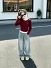 Conjunto de Otoño para Niñas Nuevo Estilo Coreano Suéter de Punto Falso de Dos Piezas y Jeans de Pierna Ancha para Niños Mayores, Conjunto de Dos Piezas Casual y a la Moda