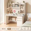 Penteadeira simples para quarto de menina, estilo INS creme, mesa de maquiagem com grande capacidade de armazenamento, escrivaninha integrada com estante para estudantes