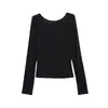 Camiseta Negra de Cuello Redondo Wanwei para Mujer 2026 Otoño Nueva Llegada Espalda Abierta Grande Doble Tirante Ajustado Manga Larga Top Y7009