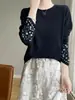 Camiseta base de seda de manga larga bordada estilo chino de alta resistencia, chic de lana para mujer con cuello redondo adelgazante, elegante y versátil, principios de otoño 2025