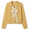Cardigan de punto con cuello polo y corbata de lazo para mujer, estilo casual de otoño, suéter calado, embalaje neutro para exportación
