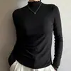 Top base feminino com barra franzida, nova coleção primavera 2026, roupa íntima outono/inverno, camiseta de manga longa, top de gola média-alta