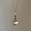 Cesta de Ratán de Color Claro Collar Largo Colgante Doble con Cuentas de Madera Mixtas Multicolor, Cuerda de Cáñamo Ajustable, Adorno Colgante Artístico de Algodón y Lino