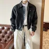 Jaqueta de couro estilo biker ombro reto retrô americano para homens, jaqueta curta de PU para outono, jaqueta de alta costura estilo Maillard
