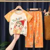 Pijama Infantil, Calça Longa para Meninas, Roupas de Verão de Manga Curta, Conjunto de Roupas Caseiras Fofas de Princesa para Crianças de Meia-Idade e Mais Velhas, Adequado para Usar Fora
