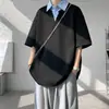 Camiseta de verano gris de manga corta a rayas con cuello en V, de dos piezas falsas, para hombre, resistente, elegante, con cuello camisero, tipo polo recto de hombros, estilo americano juvenil