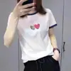 Camiseta de Manga Corta Holgada para Mujer con Cuello Bloque de Color y Estampado de Corazón, Versátil y Adelgazante, Adecuada para Mamás