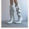 Botas de salto alto stiletto bico fino plus size, novo estilo outono e inverno 2026, botas plissadas empilhadas, botas de montaria, botas longas de salto alto para pessoas baixinhas