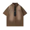 Camisa de Mezclilla Corta con Degradado Lavado y Efecto Desgastado para Hombre, Camisa de Verano Holgada Estilo Callejero Americano con Corbata y Solapa