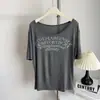 Camiseta de Modal Legal, Gola Redonda Grande, Estampa de Letras, Manga Curta para Mulheres, Estilo Fino de Verão, Top Básico Solto Relaxado